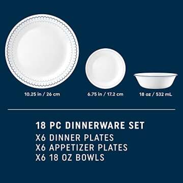 Corelle 18-Piece Dinnerware Set, Service for 6, Lightweight Round Plates and Bowls Set, Vitrelle Triple Layer Glass, Chip Resistant, Microwave and Dishwasher Safe, Caspian