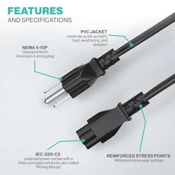 3 Prong AC Laptop Power Cord 5Ft Universal Power Cable | 125V | for Dell HP LG Lenovo Asus Acer Toshiba Sony Laptops/Notebooks, Monitors, Printers, Scanners NEMA 5-15P to C5 Power Cable