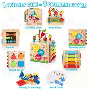 Bravmate Wooden Activity Cube, 8-in-1 Montessori Toys for 1-2 Year Old Boys & Girls, Multipurpose Educational Toy for 12M+ Baby Toddler, First Birthday Gift with Word Cards | Sorting & Stacking Board