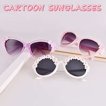 XINB LOOK 3-Pairs Gift Kids Sunglasses Girls, Cute Flower Frame Cartoon UV400 Glasses, Kids Sunglasses for Ages 3-10