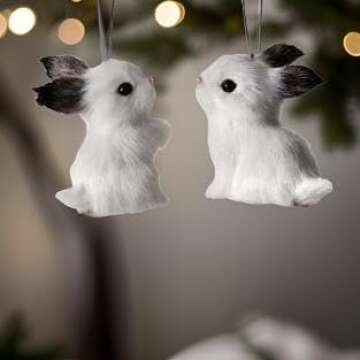 The Bridge Collection Furry Rabbit Ornaments - Set of 2 - Adorable Bunny Christmas Ornaments - Animal Ornaments