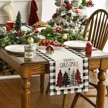 Artoid Mode Waterclor Buffalo Plaid Christmas Trees Merry Xmas Table Runner, Seasonal Winter Holiday Kitchen Dining Table Decoration for Indoor Outdoor Home Party Decor 13 x 36 Inch