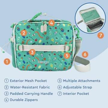 Bentgo Kids Lunch Bag - Durable, Double-Insulated Lunch Bag for Kids 3+; Holds Lunch Box, Water Bottle, & Snacks; Easy-Clean Water-Resistant Fabric & Multiple Zippered Pockets (Bug Buddies)