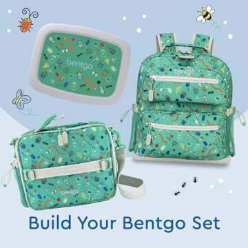 Bentgo Kids Lunch Bag - Durable, Double-Insulated Lunch Bag for Kids 3+; Holds Lunch Box, Water Bottle, & Snacks; Easy-Clean Water-Resistant Fabric & Multiple Zippered Pockets (Bug Buddies)