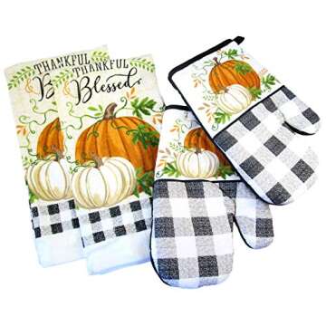 Fall Harvest Thanksgiving Kitchen Towels and Oven Mitts - Bundle of 4 Items: 2 Dish Towels and 2 Oven Mitts (Orange and White Pumpkins - Thankful Blessed)