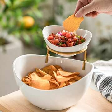 YHOSSEUN Chip and Dip Serving Set 2 Tiered Oval Dip Bowls with Metal Rack for Appetizer, Dessert, Fruit - Serving Bowls for Party Entertaining, Food Dispaly, Tortilla Holder - Gold Stand