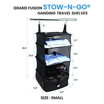 Grand Fusion Stow-N-Go Portable Hanging Travel Shelves, Packing Organizer for Luggage. Carry on Closet for Clothes. Expandable Packing Cube. Travel Essentials. (Black - L, L = (L) 11.8" x (W) 11.8")