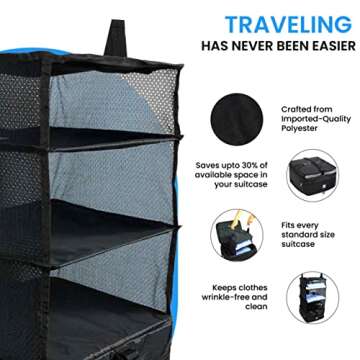 Grand Fusion Stow-N-Go Portable Hanging Travel Shelves, Packing Organizer for Luggage. Carry on Closet for Clothes. Expandable Packing Cube. Travel Essentials. (Black - L, L = (L) 11.8" x (W) 11.8")