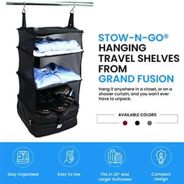 Grand Fusion Stow-N-Go Portable Hanging Travel Shelves, Packing Organizer for Luggage. Carry on Closet for Clothes. Expandable Packing Cube. Travel Essentials. (Black - L, L = (L) 11.8" x (W) 11.8")