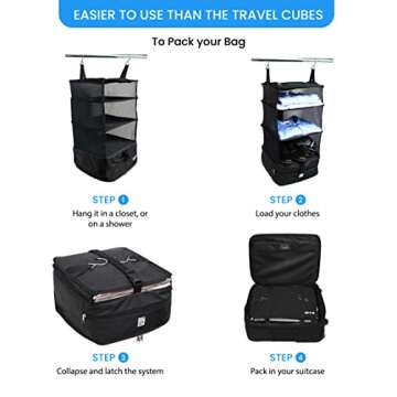 Grand Fusion Stow-N-Go Portable Hanging Travel Shelves, Packing Organizer for Luggage. Carry on Closet for Clothes. Expandable Packing Cube. Travel Essentials. (Black - L, L = (L) 11.8" x (W) 11.8")