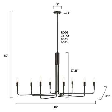 Light Society Bella 8-Light Candelabra Chandelier, Black Finish, Contemporary Mid Century Modern Style Lighting Fixture