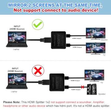 avedio links HDMI Splitter 1 in 2 Out [with 4 Feet HDMI Cable] 4K 1x2 HDMI Splitter Duplicate/Mirror Screen Only (Not Extend), Copy 1 Source to 2 HDMI Displays at The Same Time