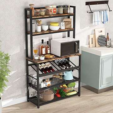 TIYASE 6-Tier Kitchen Baker’s Rack with Storage and Wine Rack, Industrial Microwave Cart Kitchen Stand with Hutch, 6 Hooks, Free Standing Kitchen Utility Storage Shelf Rack Organizer (Rustic Brown)