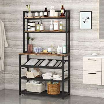 TIYASE 6-Tier Kitchen Baker’s Rack with Storage and Wine Rack, Industrial Microwave Cart Kitchen Stand with Hutch, 6 Hooks, Free Standing Kitchen Utility Storage Shelf Rack Organizer (Rustic Brown)