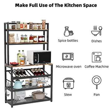 TIYASE 6-Tier Kitchen Baker’s Rack with Storage and Wine Rack, Industrial Microwave Cart Kitchen Stand with Hutch, 6 Hooks, Free Standing Kitchen Utility Storage Shelf Rack Organizer (Rustic Brown)