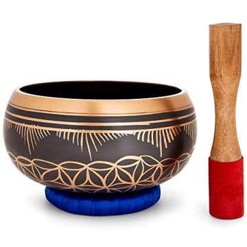 Meditative 6 inch Flower of Life Design Singing Bowl with Mallet and Cushion. Tibetan Sound Bowls for Energy Healing, Mindfulness, Grounding, Zen, Meditation, Feng Shui Meditation Bowl