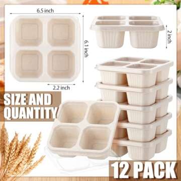 Ziliny 12 Pcs 4 Divided Compartments Snack Containers Bento Wheat Straw Snack Box with Lid Reusable Meal Prep Lunch Box Food Storage Containers for Adults Travel Work