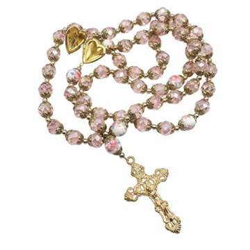 Nazareth Store Catholic Pink Crystal Beads Gold Rosary Flowers Beaded Necklace Holy Mary Heart Locket Medal & Cross Religious Amulet for Women