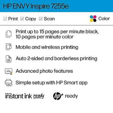 HP ENVY Inspire 7255e Wireless Color Thermal Inkjet Printer, Print, scan, copy, Easy setup,Mobile printing, Best-for-home, Instant Ink with HP+ (3 months included)