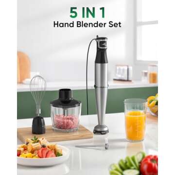 Immersion Blender Handheld Hand Blender 1100W, Trigger Variable Speed 5 in 1 Stick Blender, Emulsion Blender with Chopper, Whisk and Frother for Soup, Baby Food and Smoothies