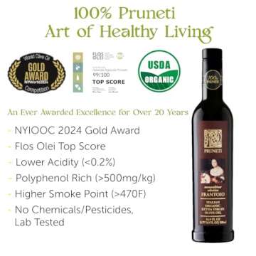 Pruneti - Frantoio Robust, Organic Early Harvest Italian Olive Oil Extra Virgin from Tuscany, Italy, Polyphenol Rich 500+ mg/kg, Gold Winner, First Cold Pressed - 16.9 fl oz