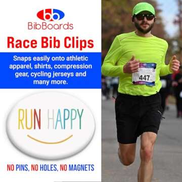 bibSNAPS Race Bib Clips - Safety Lock Fasteners - Secures Running, Marathon, Cycling and Event Number, Non Magnetic, Easy to Use, Soft & Reusable - Replacement for Pins & Magnets - Run Happy (4pcs)