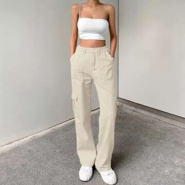 Lepunuo Cargo Pants for Women High Waisted Casual Pants Baggy Stretchy Wide Leg Y2K Streetwear with 6 Pockets Apricot