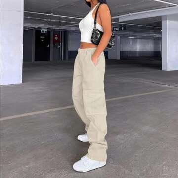 Lepunuo Cargo Pants for Women High Waisted Casual Pants Baggy Stretchy Wide Leg Y2K Streetwear with 6 Pockets Apricot