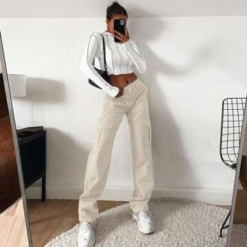 Lepunuo Cargo Pants for Women High Waisted Casual Pants Baggy Stretchy Wide Leg Y2K Streetwear with 6 Pockets Apricot