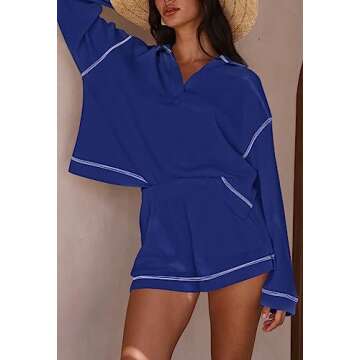 Pink Queen Women's Waffle Knit Pajama Sets Long Sleeve Top and Shorts Matching Lounge Set Loungewear Sweatsuit with Pockets Royal Blue S