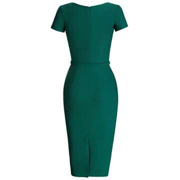 MUXXN Women's Vintage 1940s Scoop Neck Belt Waist Bodycon Dress(L Dark Green)