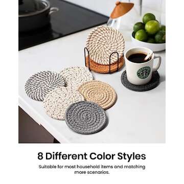 Effectyou 8 Pcs Drink Coasters with Holder, 8 Colors Absorbent Coasters for Drinks Minimalist Cup Coasters Cotton Coaster Set Woven Coasters for Coffee Table Home Decor Bar Housewarming Gift, 4.3 Inch