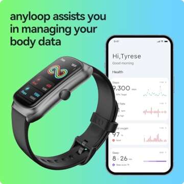 anyloop Fitness Tracker with 24/7 Heart Rate/Swimming/Sleep/Calorie/Step Tracker, IP68 Waterproof Smart Watch 100+ Sports Modes, Fitness Watch for Women Men (Black, fits 5.5-7.87 inch Wrist)