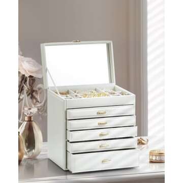 Vlando 6 Tier Large Jewelry Box for Women - Big Jewelry Organizer with Mirror, Jewelry Box Organizer for Drawer Necklace Ring Bracelet and Watch, Christmas Gift for Loved Ones - White