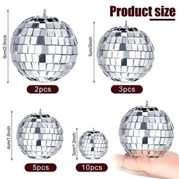 MTLEE 20 Pcs Disco Balls Decoration Hanging Mirror Disco Ball Ornaments New Years Eve Assorted Silver Mini Glass Different Sizes Reflective with Rope(2.4 Inch, 2 Inch, 1.6 Inch, 1.2 Inch)