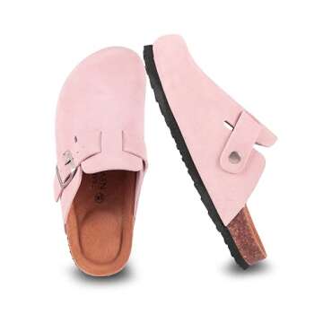 EMMA NEW YORK Women's Suede Clogs Slip-On Buckle Slides Leather Mules Cork Footbed Sandals Potato Shoes with Arch Support Pink