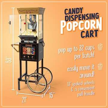 Nostalgia Vintage 8 Ounce Professional Popcorn and Dispensing Cart, Makes Up to 32 Cups, Three Storage Dispensers for Kernels, Candy, Nuts, Chocolate, Measuring Spoons and Scoop Included