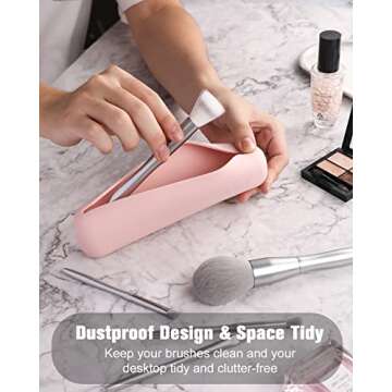 FERYES Large Travel Makeup Brush Holder, Magnetic Anti-fall Out Silicon Portable Cosmetic Face Brushes Holder, Soft and Sleek Makeup Tools Organizer for Travel- (8.27 * 2.36 * 1.57)