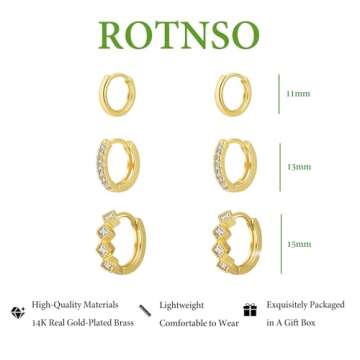 Rotnso Gold Hoop Earrings Set for Women Trendy, 14K Real Gold Plated Chunky Hypoallergenic Small Diamond Huggie Cartilage Hoops Cute Cubic Zirconia Dangle Earrings Jewelry Gifts