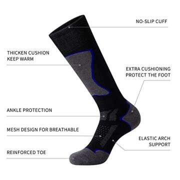 CS CELERSPORT 2 Pack Ski Socks for Men and Women Skiing, Snowboarding, Cold Weather, Winter Performance Socks, Black+Blue, Large