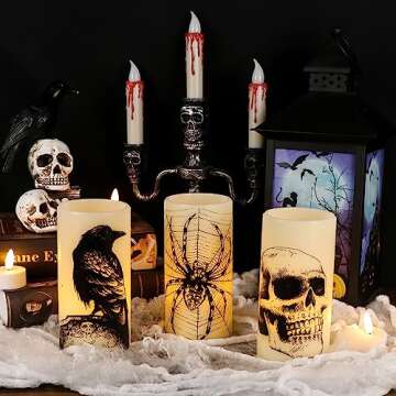 Eldnacele Halloween Flickering Candles with Skull, Spider Web, Crow Raven Decals Set of 3, Battery Operated Halloween Themed LED Candles Horror Spooky Decoration