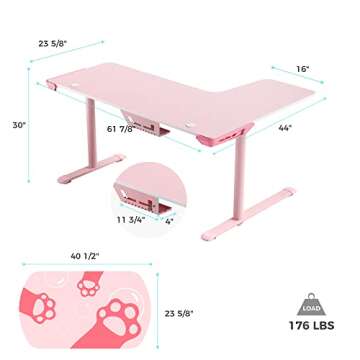 EUREKA ERGONOMIC Pink L Shaped Gaming Desk, 60 Inch Large Home Office Corner PC Computer Table Study Writing Modern Workstation Girls Female Gifts L60 w Mouse Pad Cable Management, Space Saving, Left