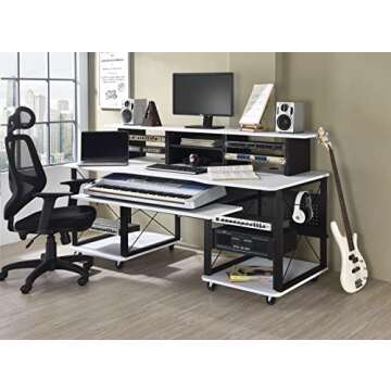 Acme Furniture Megara 72" x 30" Rectangular Metal Storage Music Desk, Included Wheels, Multiple Functional & Storage Spaces, in White and Black Finish