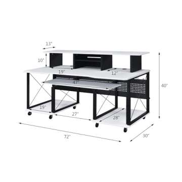 Acme Furniture Megara 72" x 30" Rectangular Metal Storage Music Desk, Included Wheels, Multiple Functional & Storage Spaces, in White and Black Finish