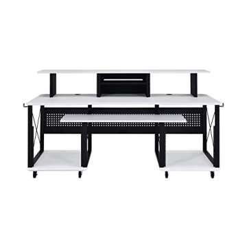 Acme Furniture Megara 72" x 30" Rectangular Metal Storage Music Desk, Included Wheels, Multiple Functional & Storage Spaces, in White and Black Finish