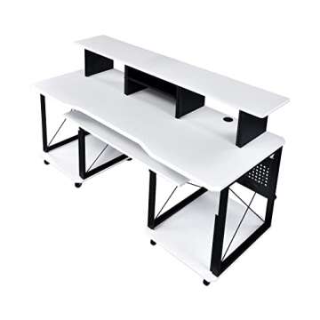 Acme Furniture Megara 72" x 30" Rectangular Metal Storage Music Desk, Included Wheels, Multiple Functional & Storage Spaces, in White and Black Finish