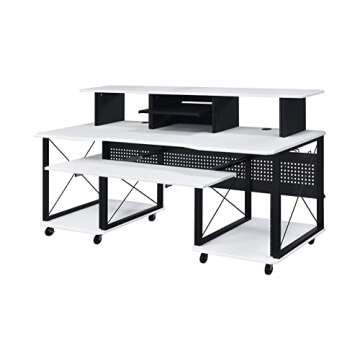 Acme Furniture Megara 72" x 30" Rectangular Metal Storage Music Desk, Included Wheels, Multiple Functional & Storage Spaces, in White and Black Finish