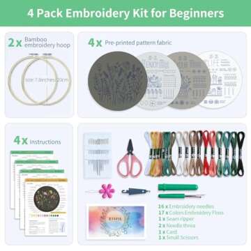 ETSPIL 4 Pack Embroidery Kit for Beginners & Adults Learn 33 Stitch Techniques with Floral Patterns, Complete DIY Kit with Hoop, Color Threads, Tools, Easy Instructions & Video-Great for Gifting