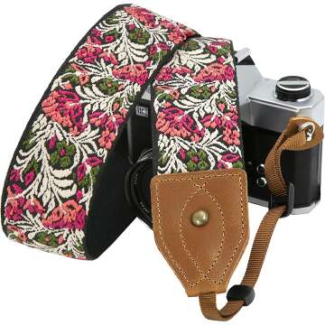 Retro Pink Floral Camera Strap - 2 inch Wide Cowhide Head Shoulder Strap ,Vintage Jacquard Embroidery Multi-pattern camera straps for Cameras and Binoculars,Adjustable Wide Neck Strap for Photographers