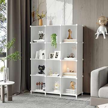 AWTATOS Cube Storage Organizer Storage 12 Cube Bookshelf DIY Plastic Closet Clothes Storage Shelves with Wooden Mallet, Stackable Storage Solution for Home, Bedroom, White